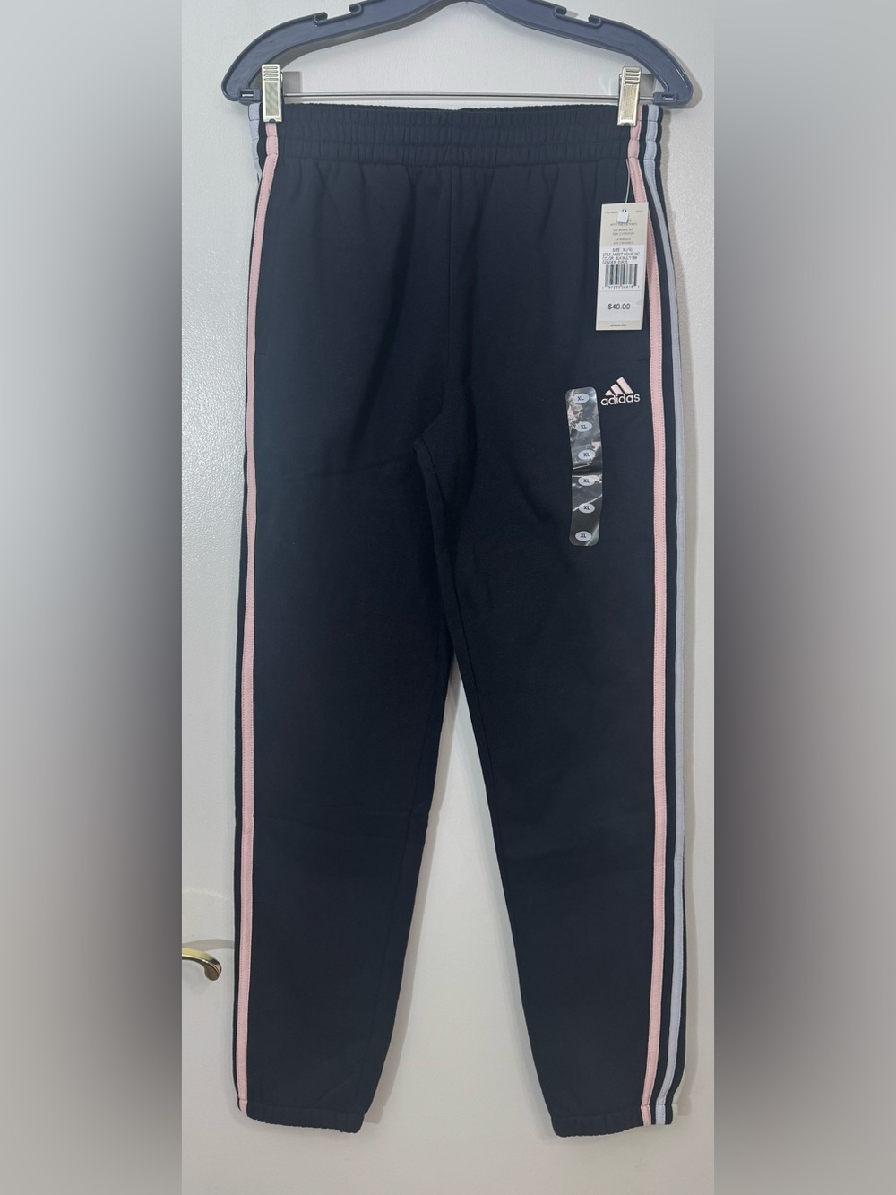 adidas Black Sweatpants with Pink and White Side Stripes for Kids